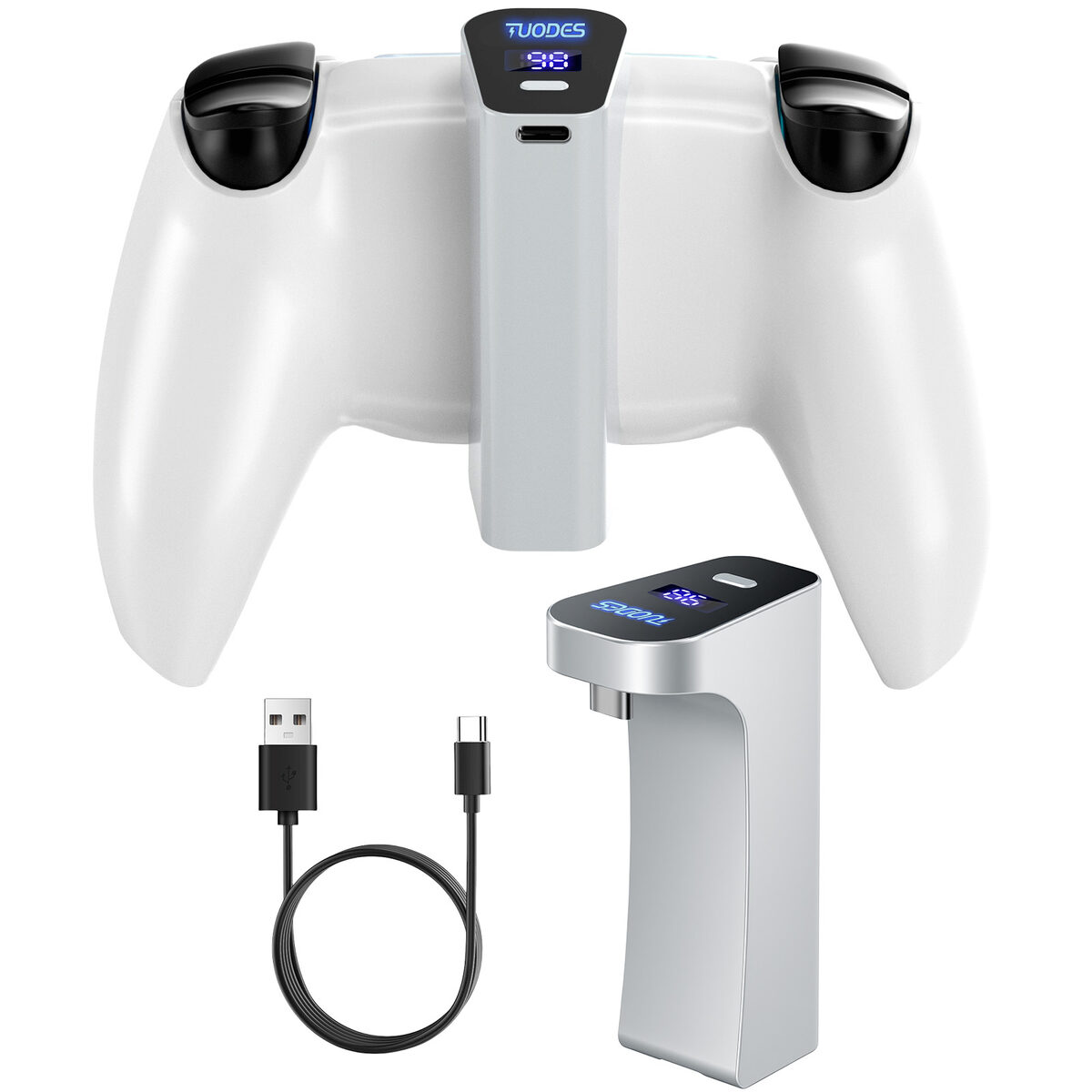 KYZURA PS5 controller battery pack attached to a DualSense controller, with the pack and USB-C cable shown separately