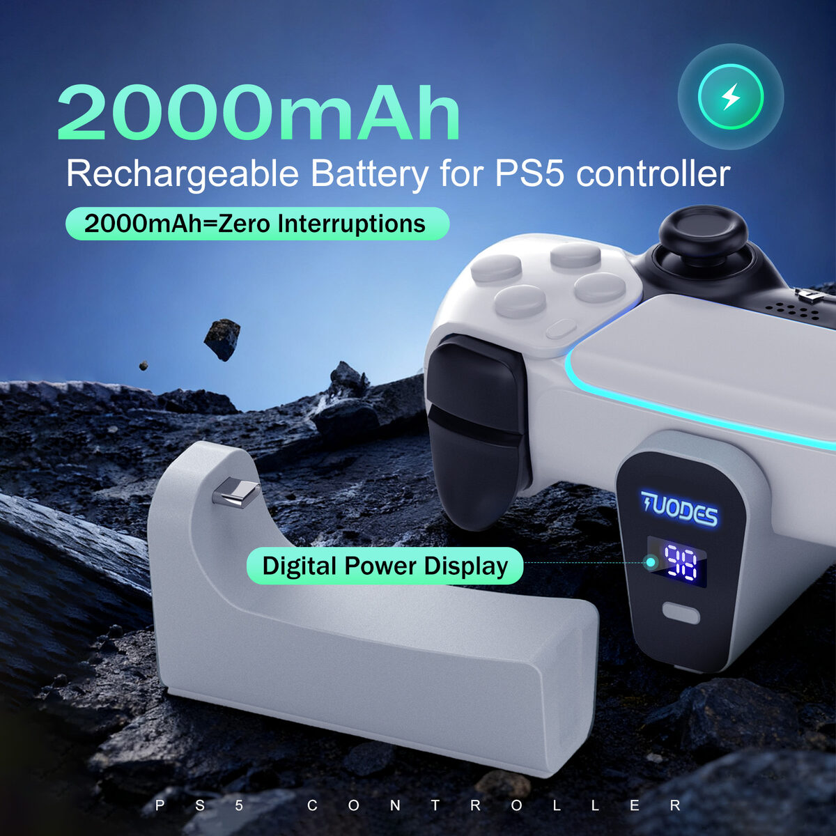 2000 mAh rechargeable battery for PS5 controller with digital power display