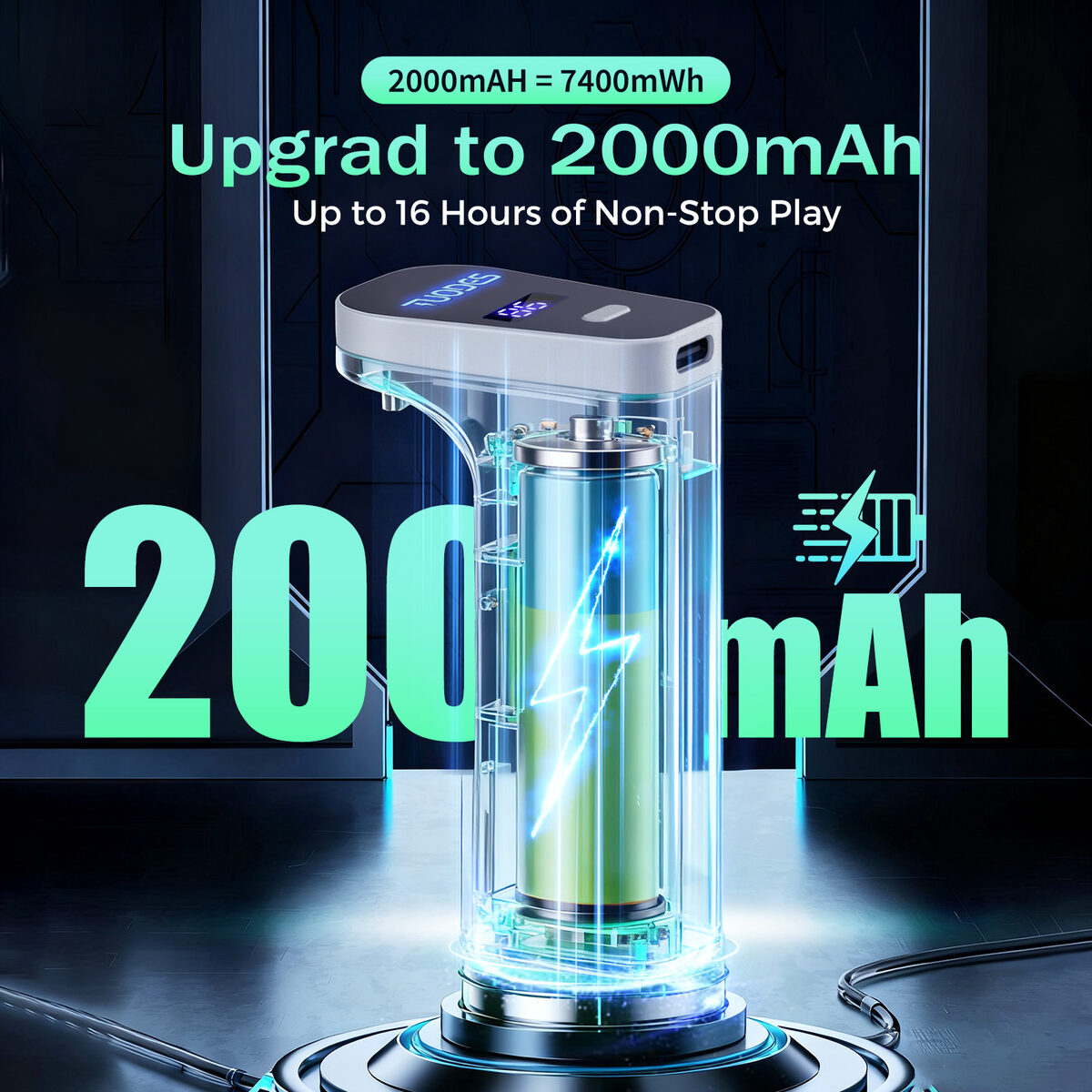 2000 mAh, 7.4 Wh cell — up to 16 hours of non-stop play